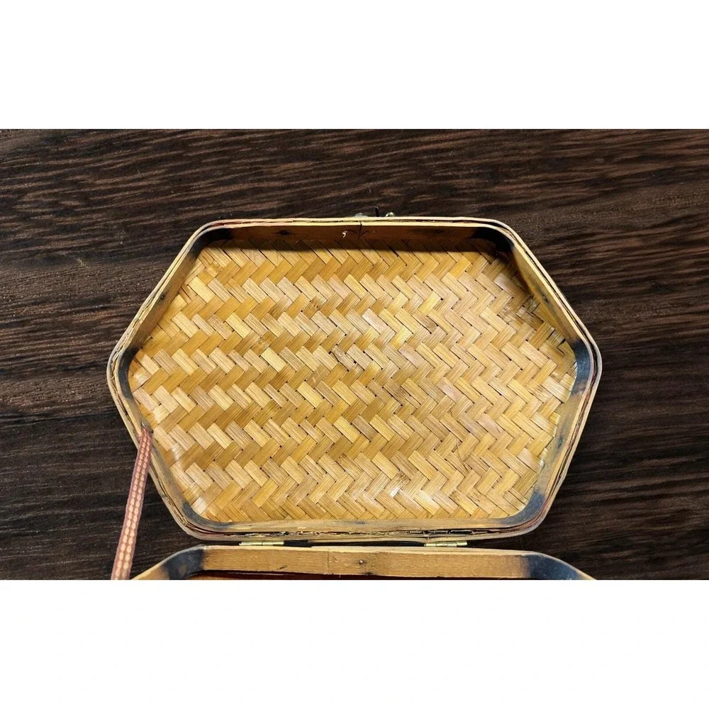 Vintage Woven Bamboo Brass Storage Box Hinged Lid Latch Handles 13